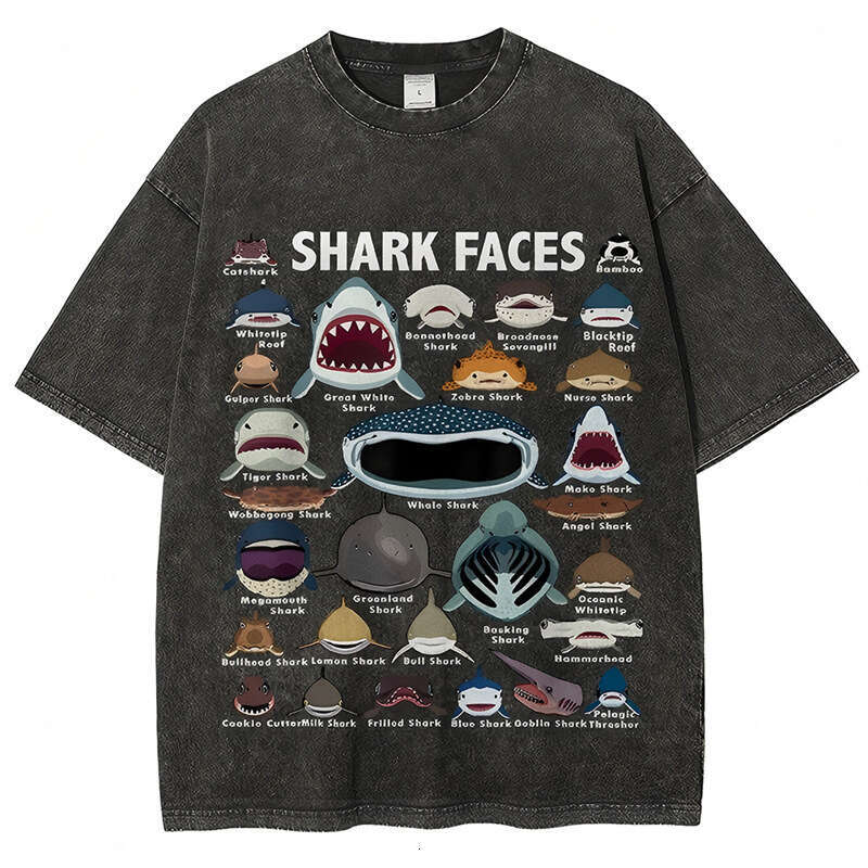 Washed Retro Neutral Style T-Shirt With Various Shark Prints
