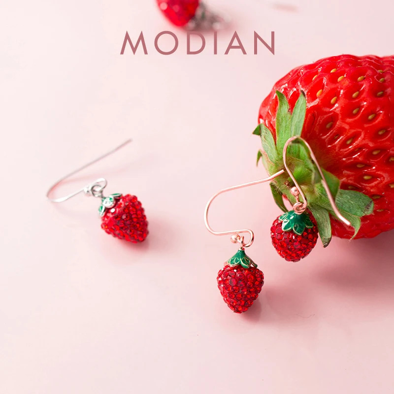 Modian Bright Crystal Strawberry Drop Earrings Charm Trendy Real 925 Sterling Silver Korean Dangle Earrings For Women Jewelry 260303