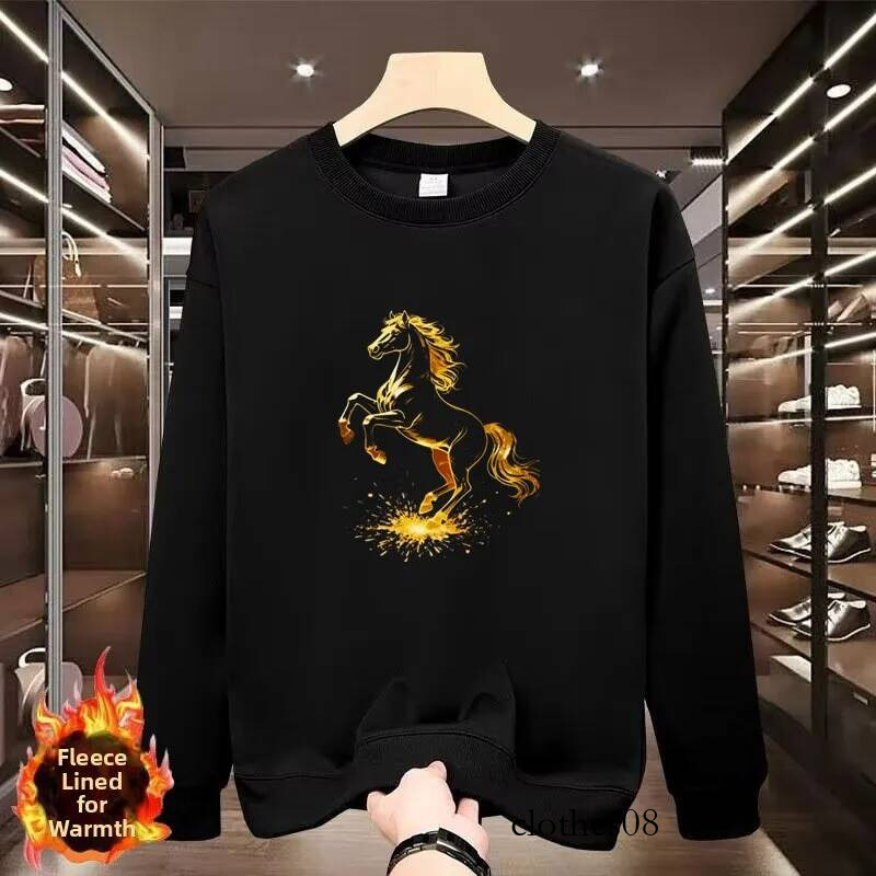 Long Sleeve Fleece Lined Printed T-shirt Men's Base Layer Shirt Trendy Bottom Polyester Cotton Blend Winter Wear