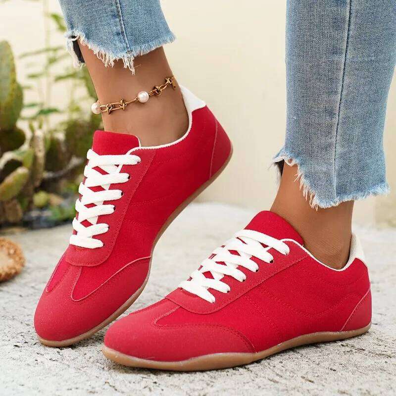 2026 new fashionable casual for women comfortable lace up sneakers simple solid color flat shoes