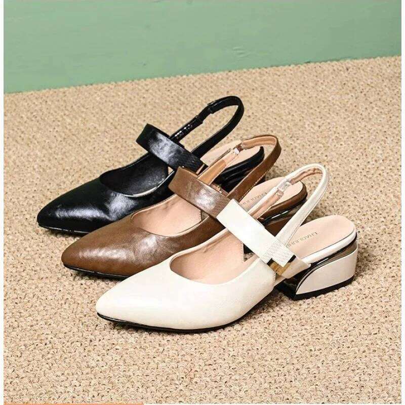 Women Elegant Cap Block Pointed Toe Sandals Summer Comfortable Backless One-Strap Buckle Mid Heel Fashion Commuter Shoe