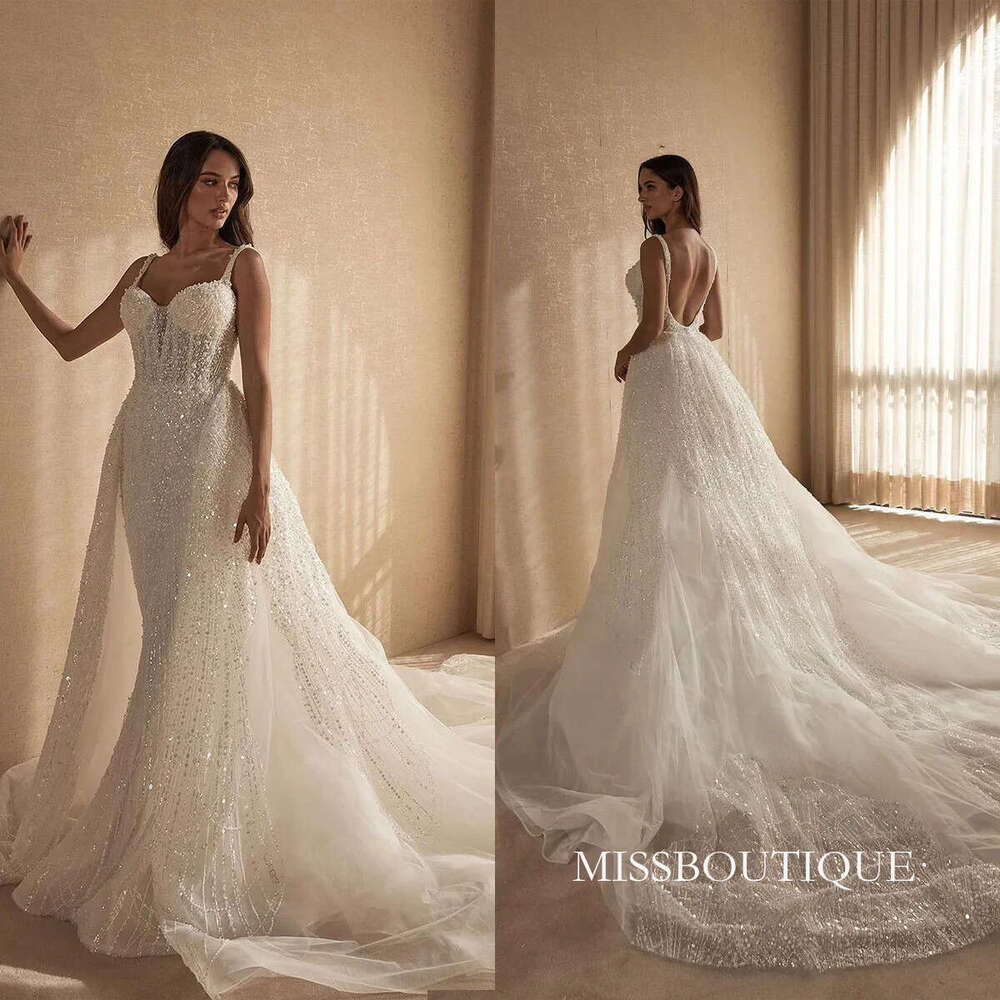 Elegant Mermaid Wedding Dresses Bridal Gown Sweetheart Neck For Women Spaghetti Strap Sequins Slim Fit Sweep Train Dress Custom Made D0306