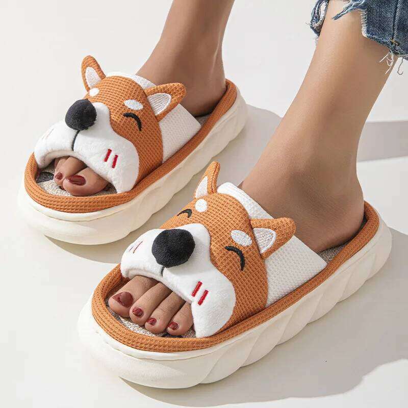 Litfun Thick Bottom Linen Women Lovely Cartoon Home Couple Cute Cow Four Seasons Indoor Flat Slippers