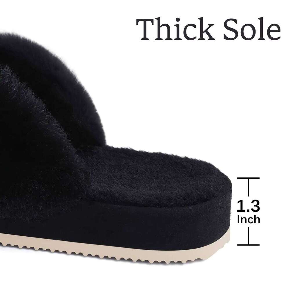 Litfun Winter Fuzzy House For Fluffy Fur Warm Thick Bottom Slides Cross Band Plush Lining Women Slippers