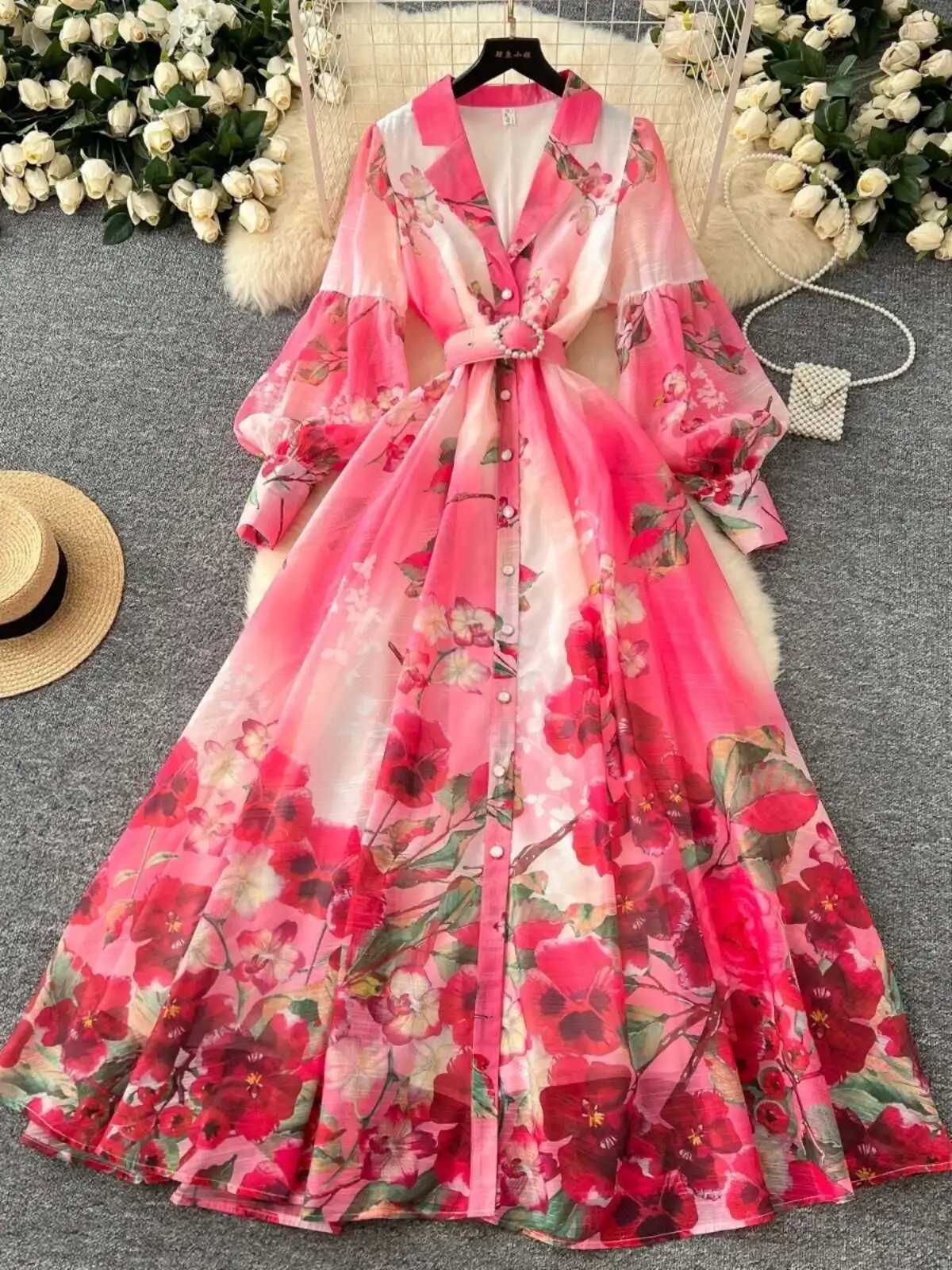 Floral Maxi Dress Women Summer Holiday Long Dresses Shirt 2025 Spring Full Sleeve Single Breasted Pearls Party Vestidos X260306