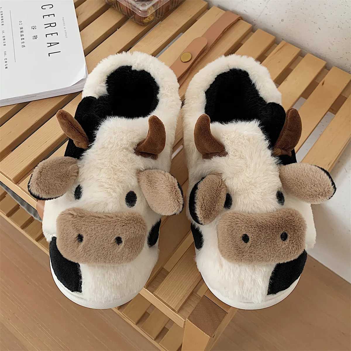 Eyriphy Winter Warm Womens Milk Cow Furry Slippers Short Plush Lined Non-slip House Slipper Female Fur Fluffy Casual Flat Slide S260305
