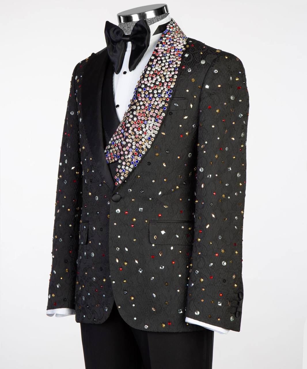 Luxury Men Suits Rhinestone Peaked Lapel Jacquard Blazer 3 Pieces Tailor-Made Jacket One Button Groom Customized Coat Vest Pants Plus Size