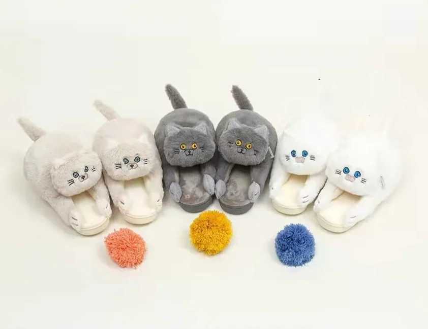 Blue Cat Cotton Slippers Jerk Cat Sense Semi-Packed Heel Cotton Shoes Plush Home Cute Warm Show Heel Simulation Cat Slippers S260305