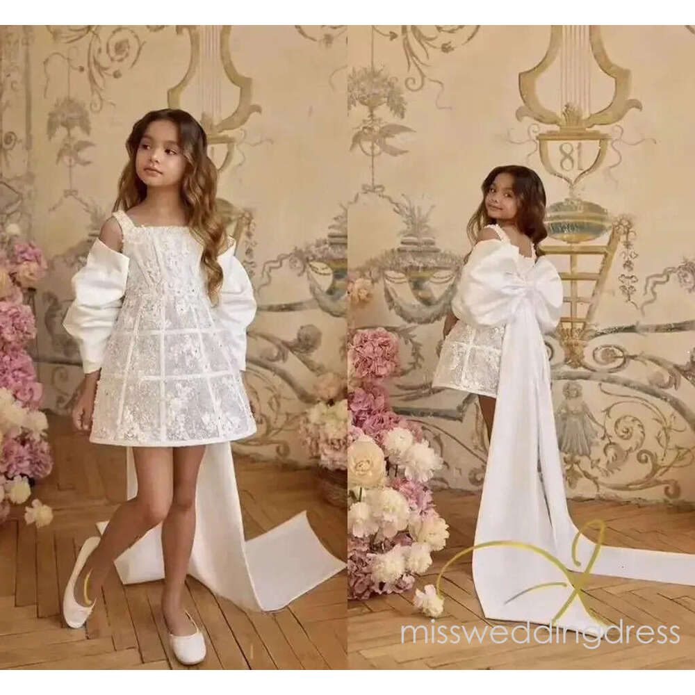 2026 Designer Floral Lace Hard Corset Boning Flower Girl Wedding Party With Removable Long Sleeve Bow Little Girl's Kids First Communion Birthday