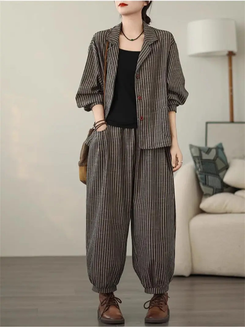 Retro Stripe Cotton And Linen Suit Womens Autumn Temperament Casual Wide Leg Harem Pants Loose Oversized 2 Piece Set K2478 260305