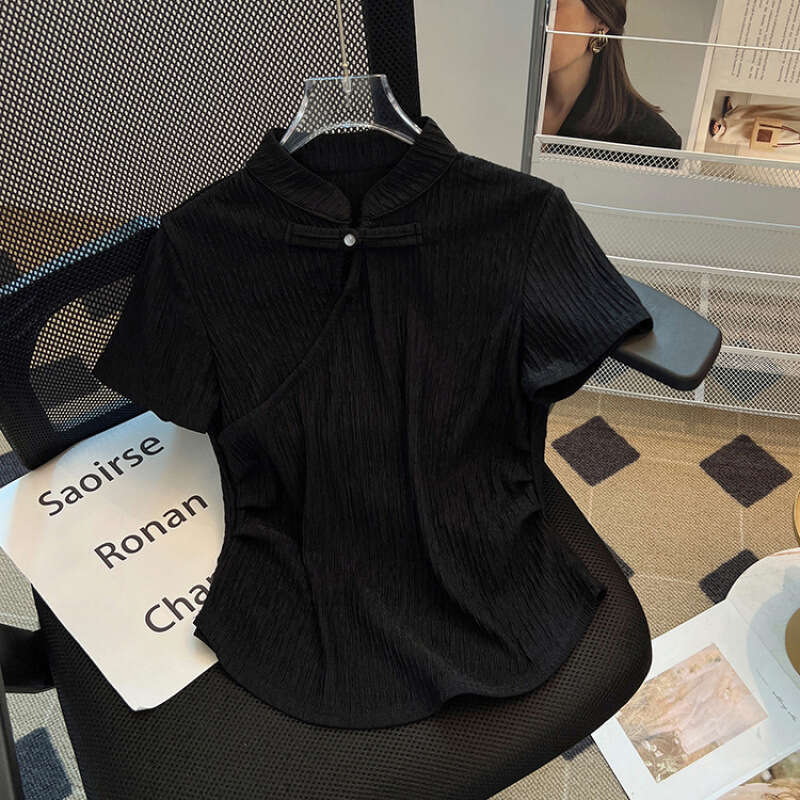 2026 summer new chinese style stand collar traditional cheongsam button short sleeve t-shirt women slimming qipao short top