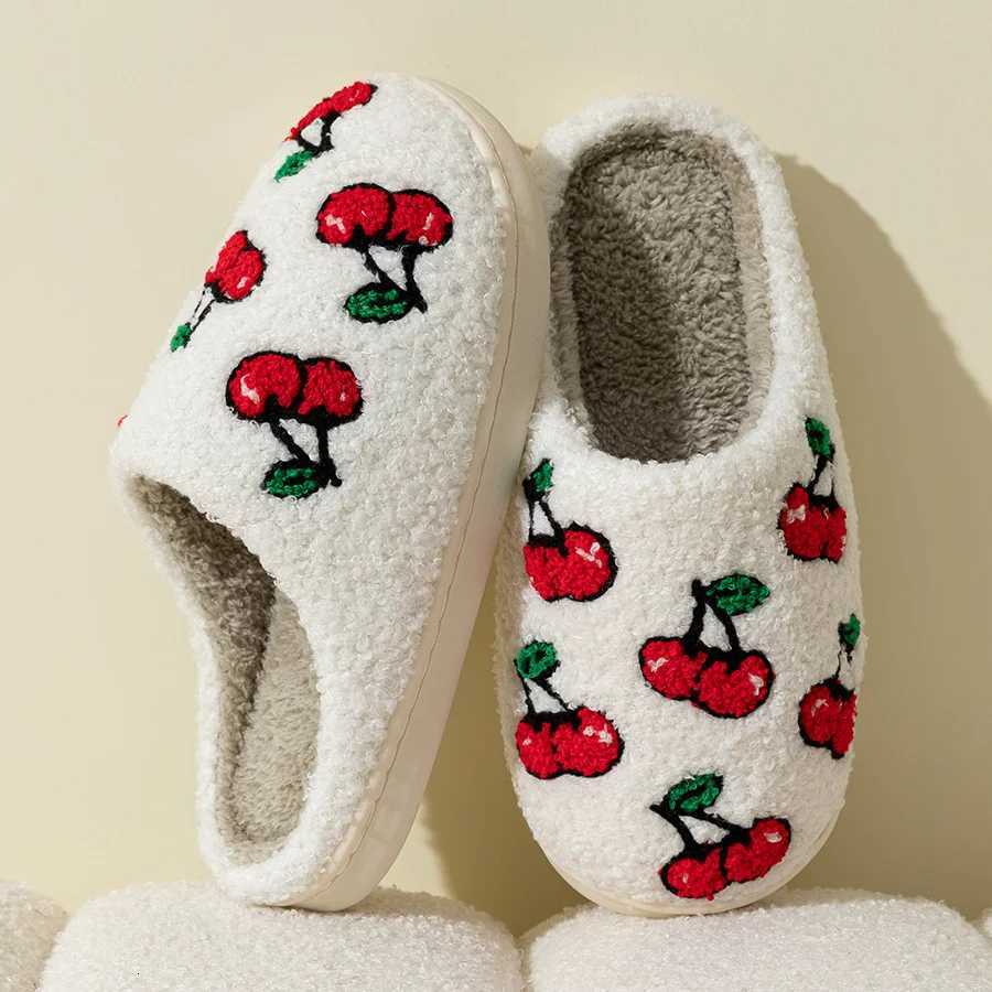 Cherry Fruit Embroidered Pattern Winter Plush Slippers Classic Soft Sole Indoor Casual Women Bedroom Cute Home Warm Comfy Shoes S260305