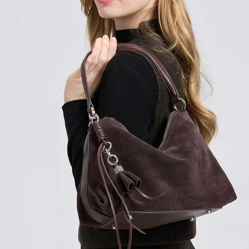 Frosted Genuine Leather Handbag 2025 Winter Womens Natural Suede Leather Shoulder Bag Large Capacity Commuter Tote Bag H260306