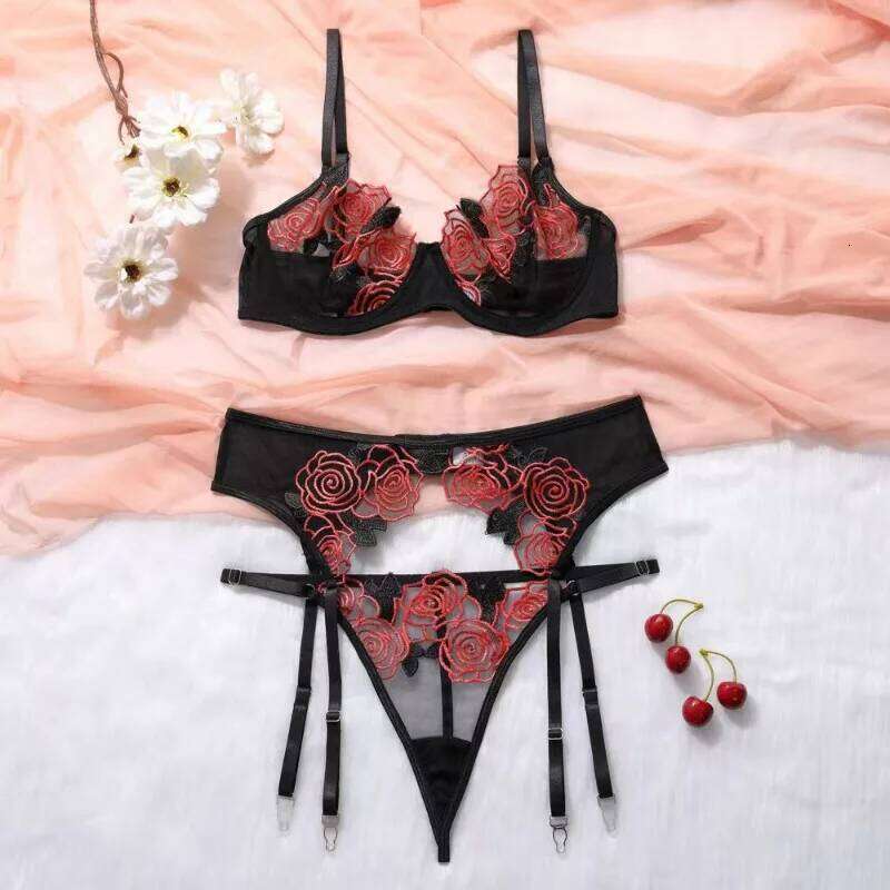 Toucheart 3 Piece Lace Embroidery Bra For Women Mesh Patchwork Perspective Sexy Garters Steel Rings Underwear Set