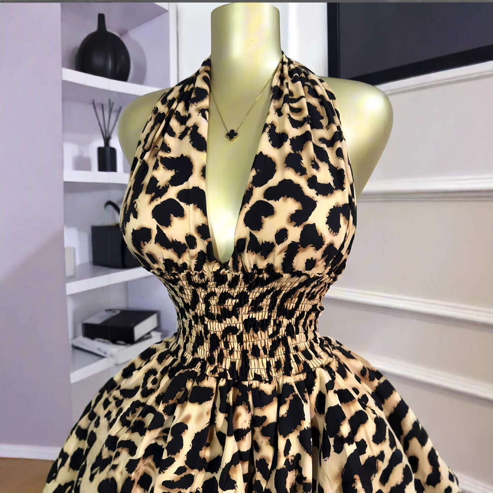 European and American cross-border women's clothing 2026 early summer new sleeveless halter neck leopard print waist-cinching ruched puffy short 