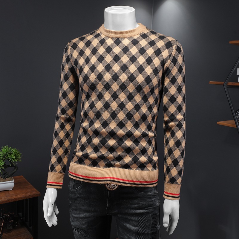 European Collection 2024 New Winter Men's Round Neck Plus Size Sweater Knitwear Thick Plaid Jacquard Base Shirt Trendy