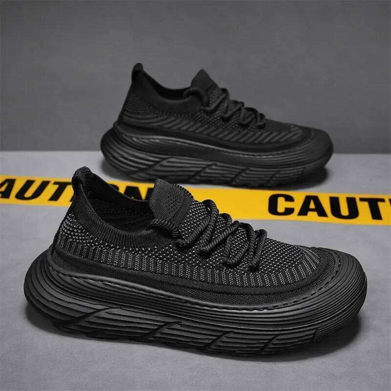 European 2025 New Spring Casual Sports Men's Sneakers Breathable Mesh Upper Knitted Men Shoes Thick Base Single