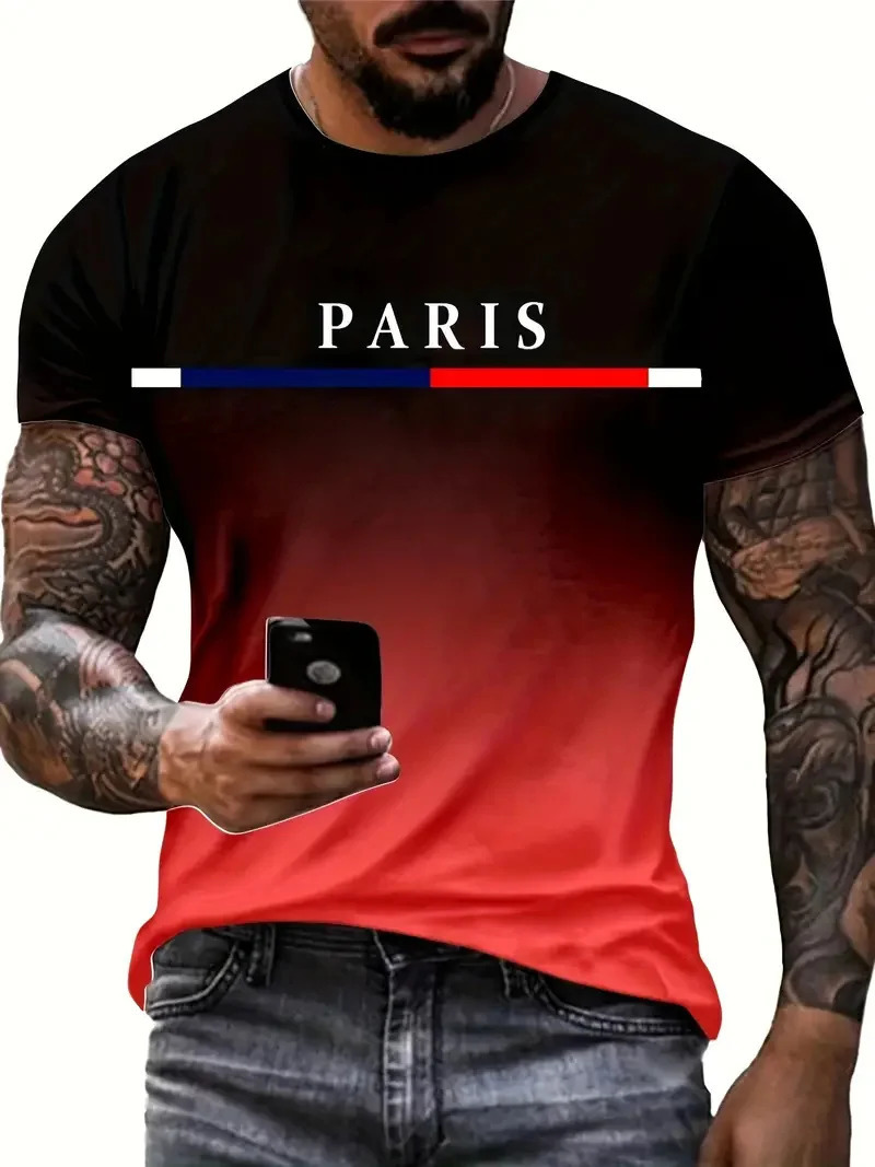 Summer mens gradient Paris letter 3D printed Tshirt for outdoor sports quick drying short sleeved top plus size clothing 260302