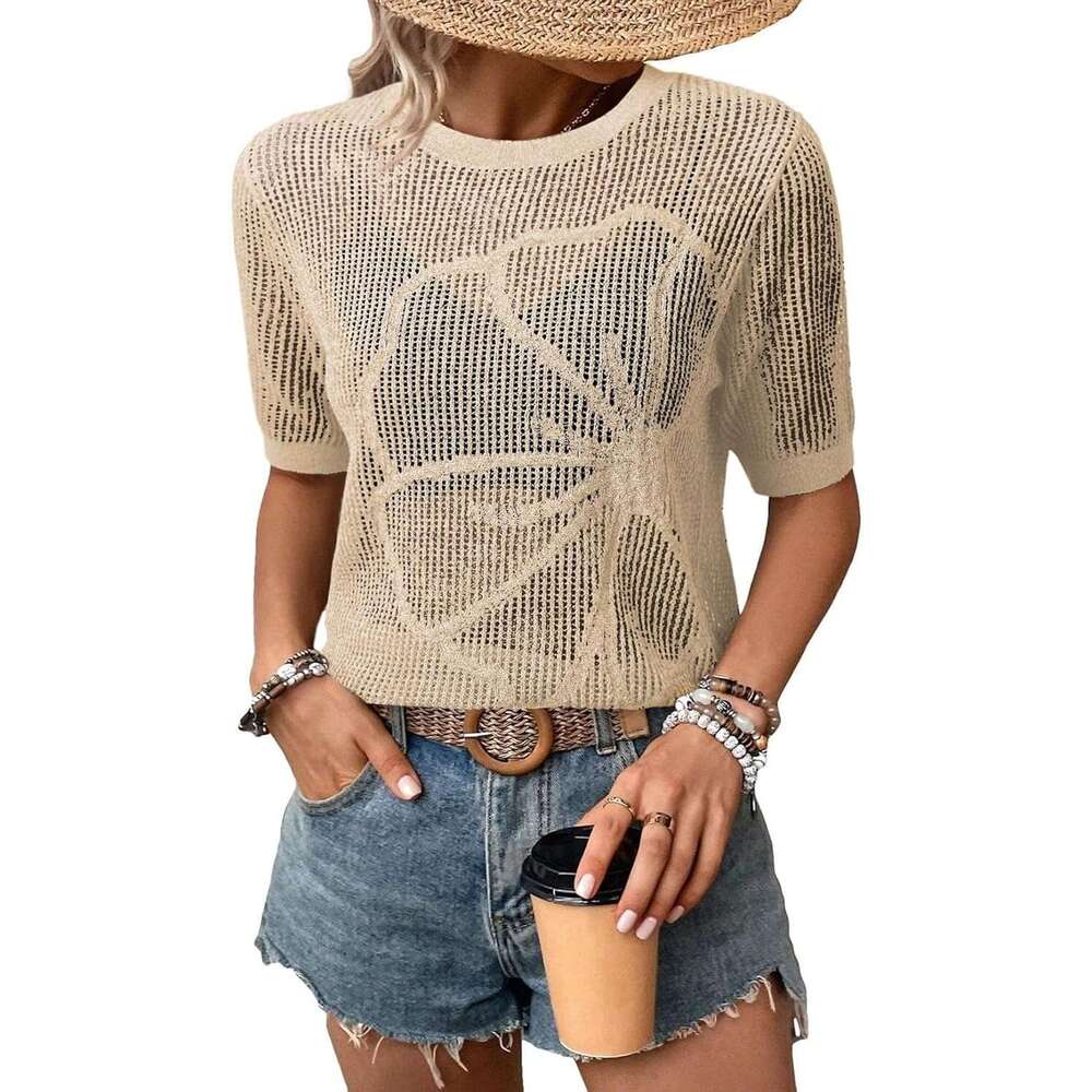 Womens Summer Short Sleeve Designer Crochet Tops Hollow Out Floral Beach Vacation Clothes Cruise Outfits