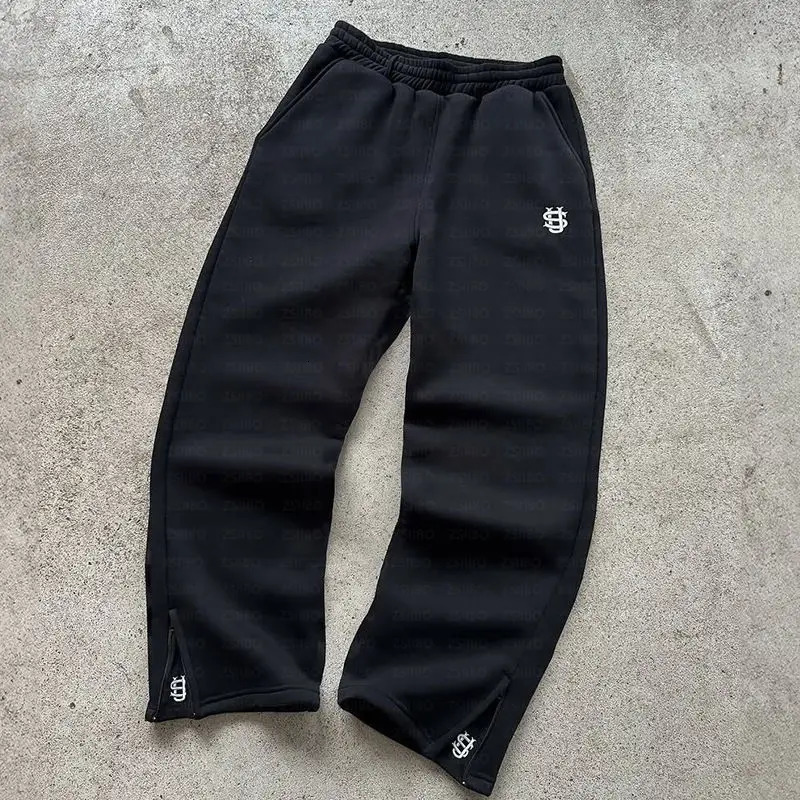 Y2K Fashion Jogger Sweatpants Loose Embroidery Labeled Open Leg Wide Leg Pants Trendy Pocket Couple Straight Pants Mens Hoodie 260304