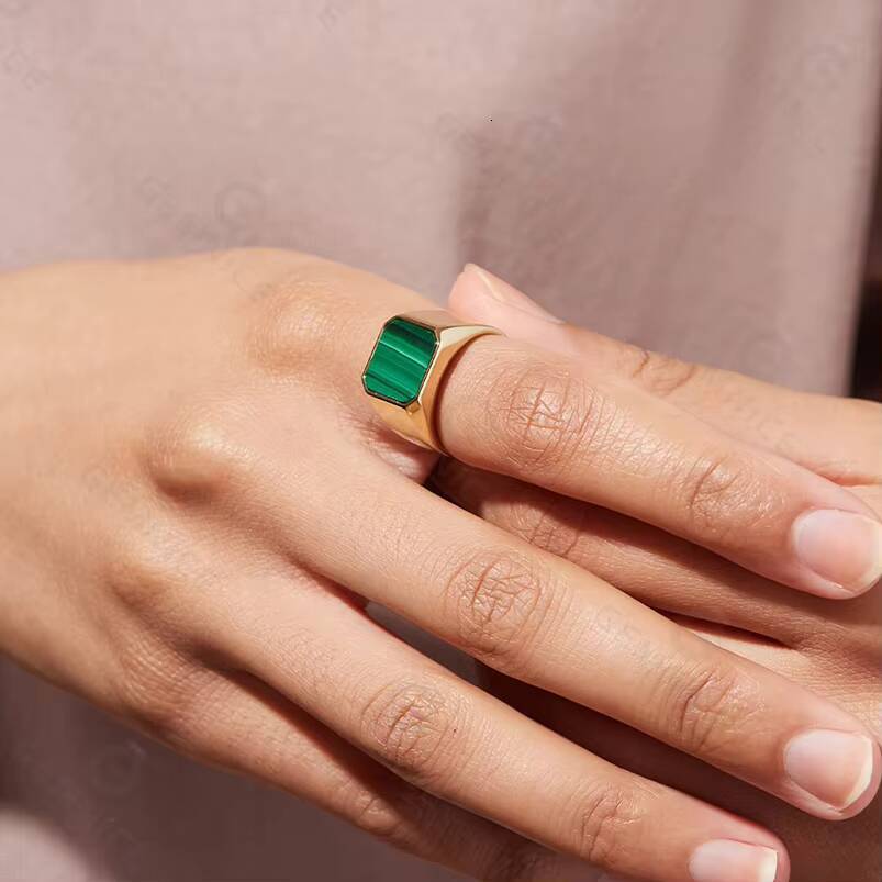 Gemnel Men New Gold Jewelry 925 Sterling Silver Malachite Signet Rings