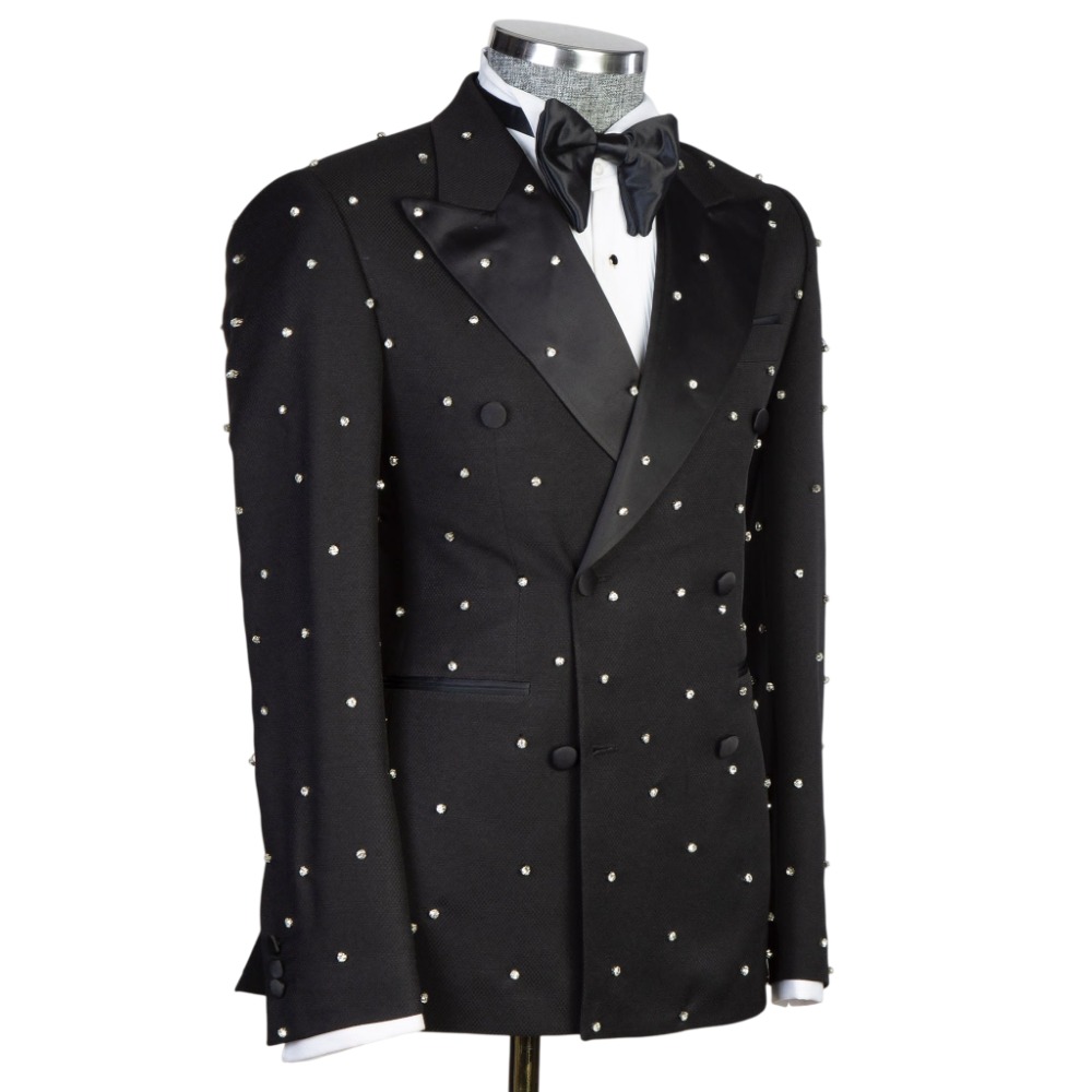 Modern Men Suits Crystal Peaked Lapel 2 Pieces Tailor-Made Rhinestone Jacket Blazer Double Breasted Groom Party Customized Coat Pants Plus Size