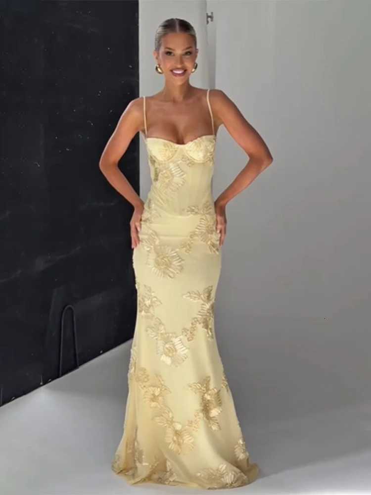 Pale Yellow Print Backless Bandage Dress Women Chic Sleeveless Off Shoulder High Waist Slim Fit Robes Lady Evening Party Gowns X260306