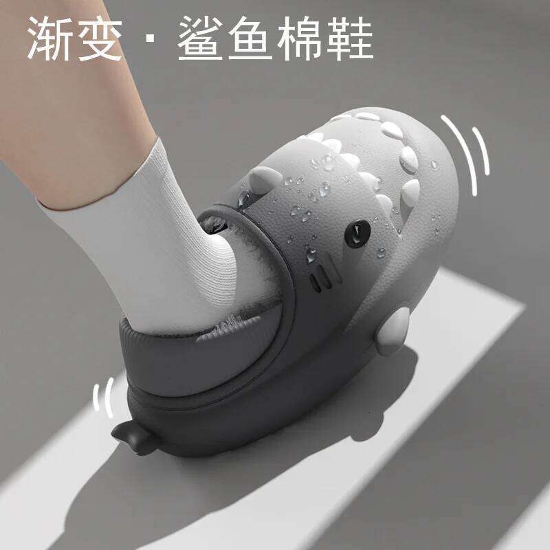 Litfun Winter Plush Lining For Men Women Gradient Shark Non-slip Slides EVA Fluffy Warm Cotton Women's Slippers