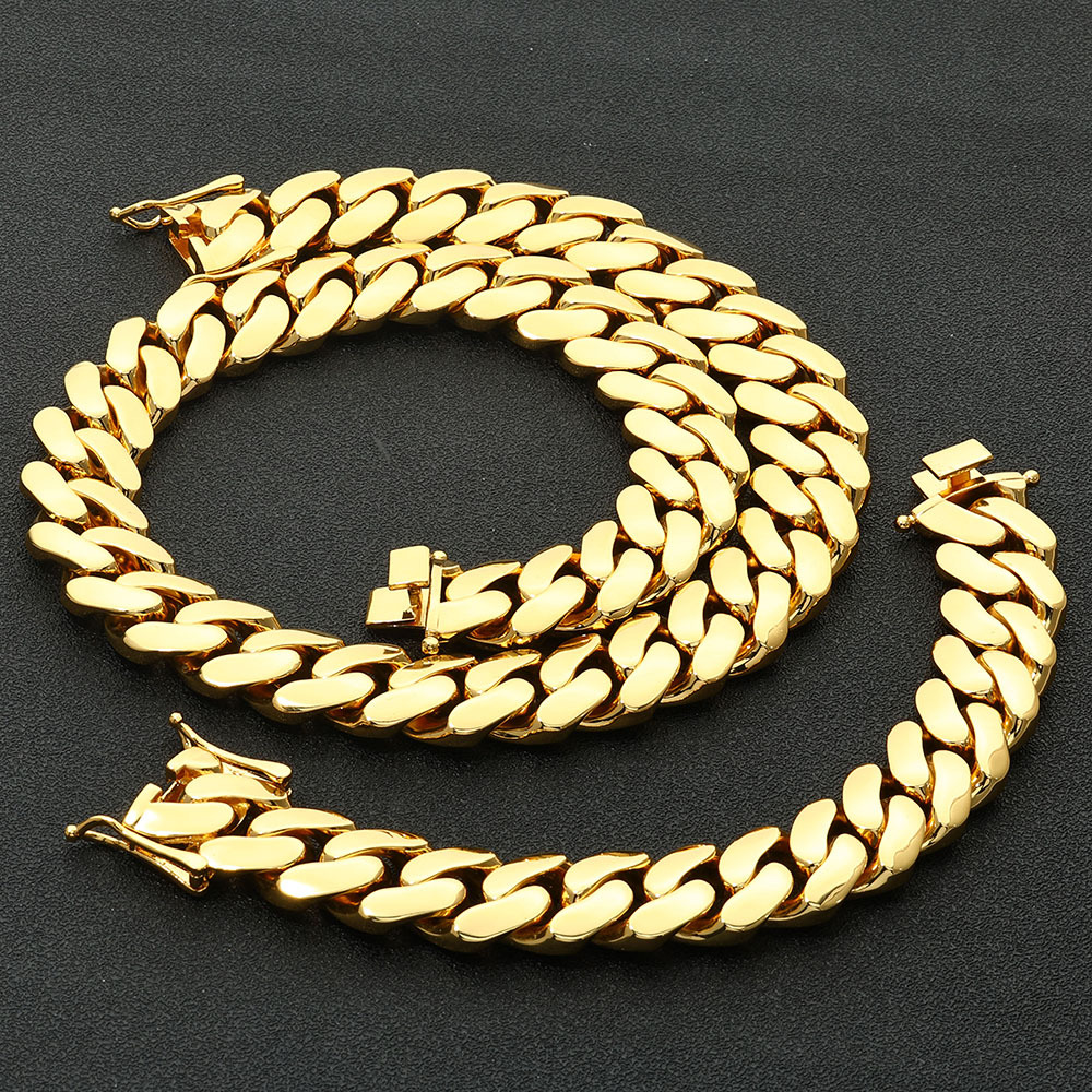 10mm-22mm Hip Hop Smooth Cuban Chain Necklace Bracelets Gold Plated Mens Jewelry Set