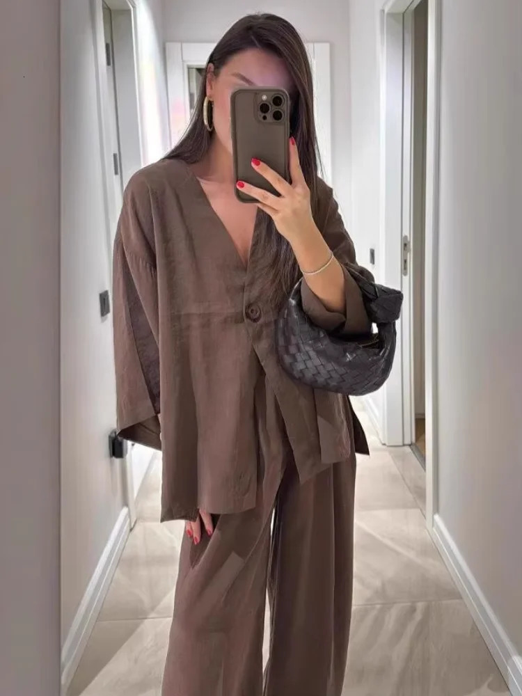 Casual Cotton Linen Loose Long Pants Suits Fashion Half Bubble Sleeve V-neck One Button Shirt Sets Lady Summer Street Outfit 260305