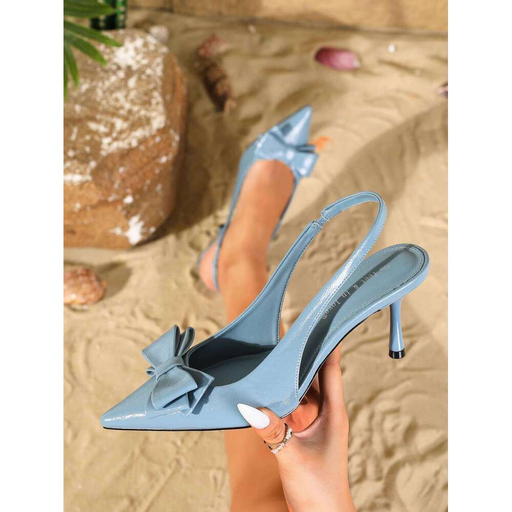 2025 new women's sandals with fashionable bow design, elegant pointed-toe high heels for summer outdoor banquets, backless shoes