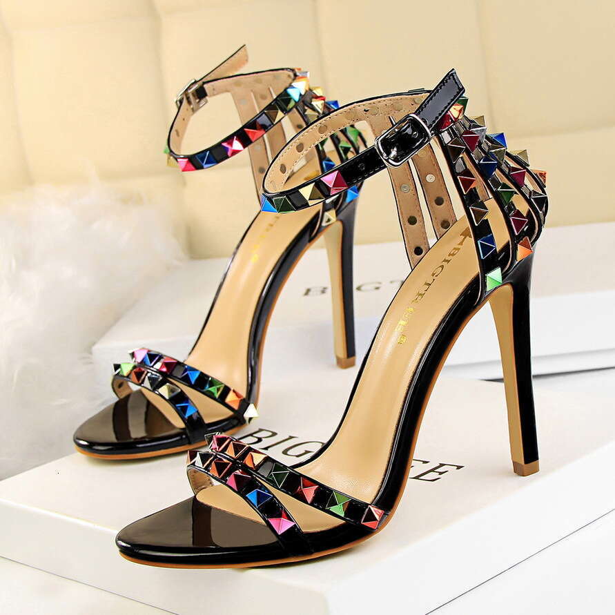 European And American Roman Style Women S Shoes Thin Super High Heel Open Toe One Strap Hollow Colorful Rivet Sandals