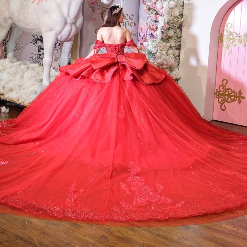 Red Shiny Quinceanera Dresses Ball Gown Off The Shoulder Applique Lace Beading Crystal Bow Corset Party Birthday Sweet 16 Dress Vestidos 15 De Anos