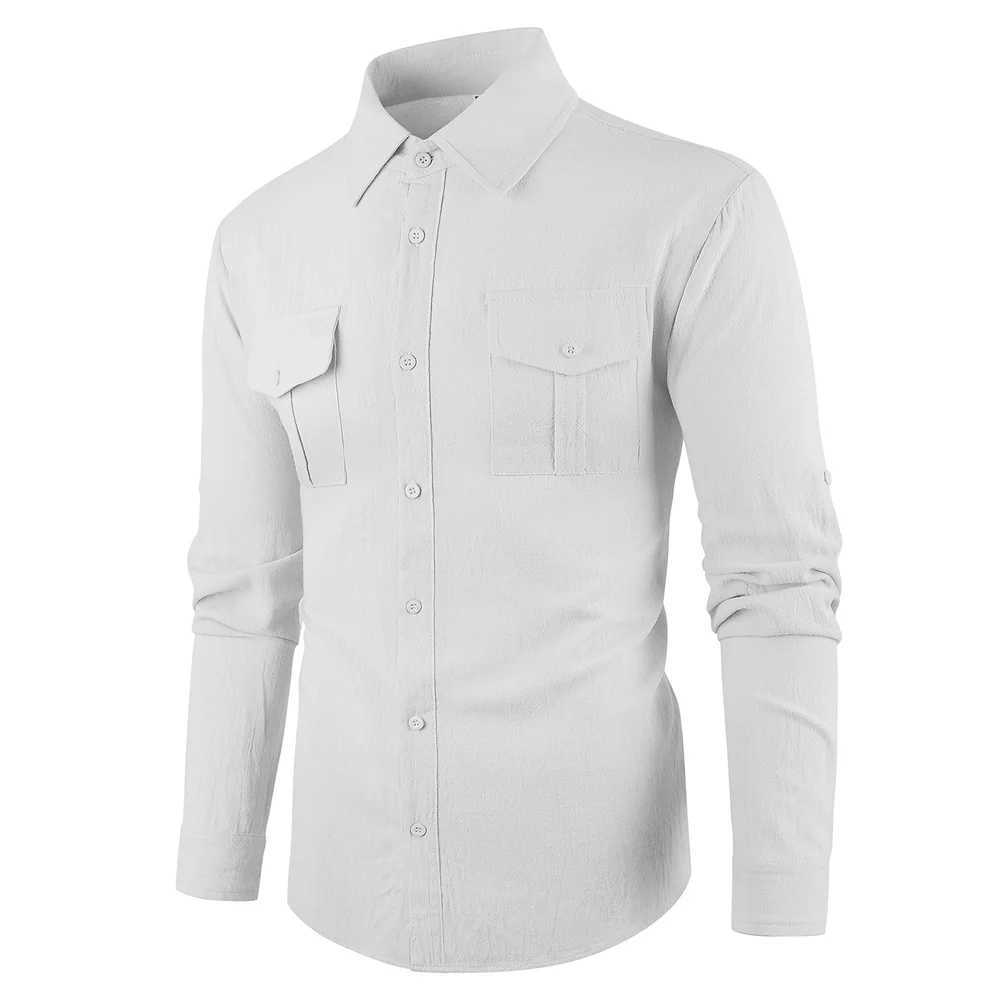 Mens Cargo Shirts Cotton Linen Solid Color Single Breasted Breathable Long Sleeve Shirt Male Casual Button Up M260305