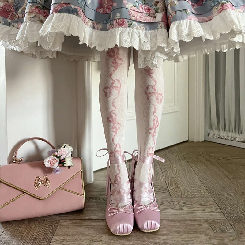 Pink Cross Strap High Heels Chunky Heel Girl Ballet Style Outdoor Elegant Satin Lolita Shoes Women