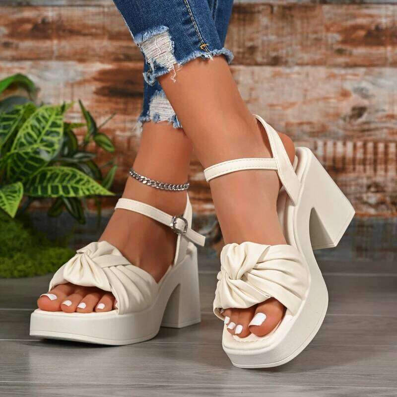 2026 new summer comfortable and elegant high-heeled sandals with fashionable temperament bow tie thick heel casual women's shoes
