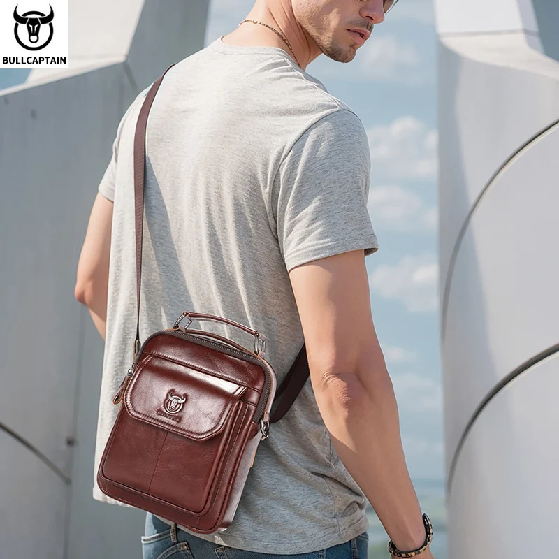 BULLCAPTAIN Mens Genuine Leather Shoulder Bag Multifunctional 79-inch Tablet Handbag Retro Casual Crossbody Bag Cowhide 260305