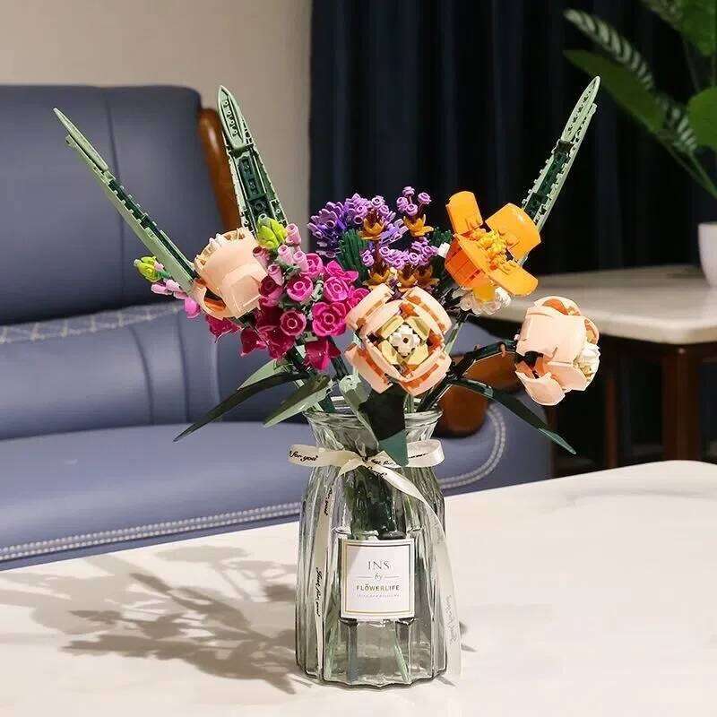 Creative Romantic Rose Flower Bouquet Building Blocks Home Desk Plant Decoration Assemble Bricks Toys Gifts For Girls Lady Z260305