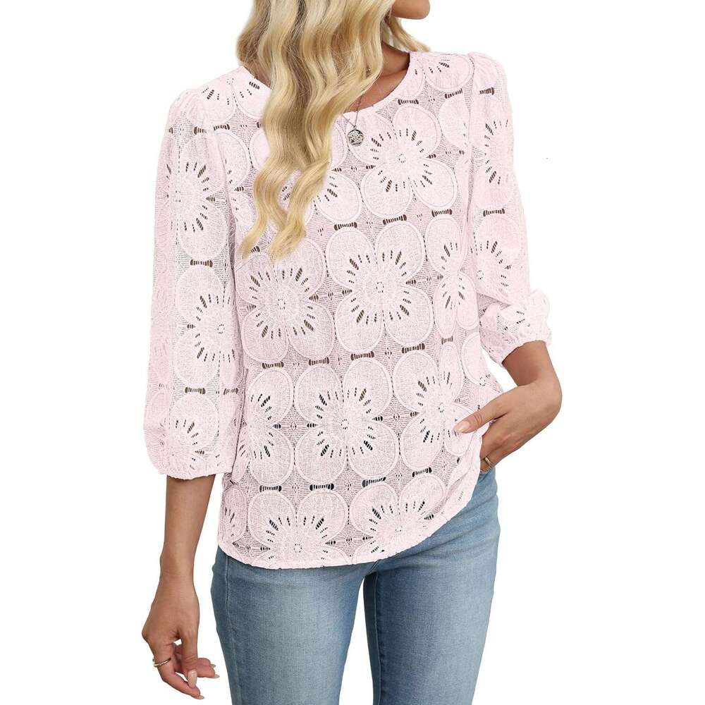 Women Blouses Dressy Casual 3/4 Length Sleeve Tops Eyelet Lace Spring Designer Summer Shirts Beach Vacation Clothes