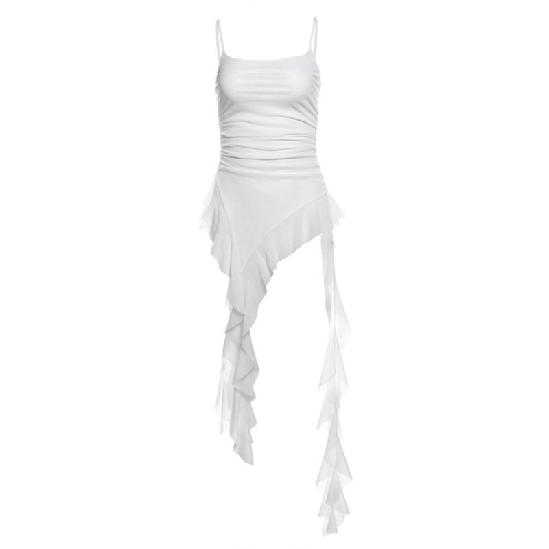 Basic & Casual Dresses Street Tie-dye Mesh Camisole Vest 2026 Sumemr New All-match Tank Top Y2k Slim Fit Irregular Ruffles Tassel Sling Dress