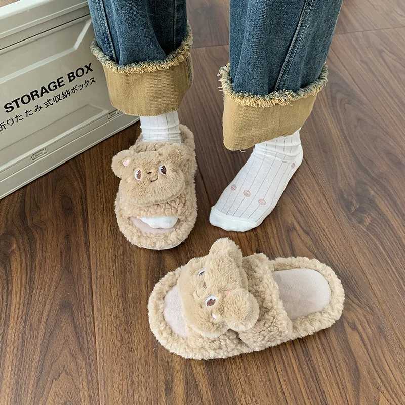 Bear Fur Slippers for Women Wearing Thick-soled Cotton Slippers for Women Working At Home Autumn and Winter Cute S260305