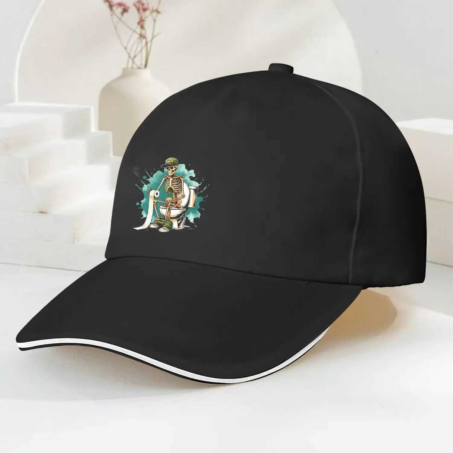 Skeleton Pooping on Toilet Funny Baseball Cap Adjustable Lightweight Sport Hat for Outdoor Casual Use S260306