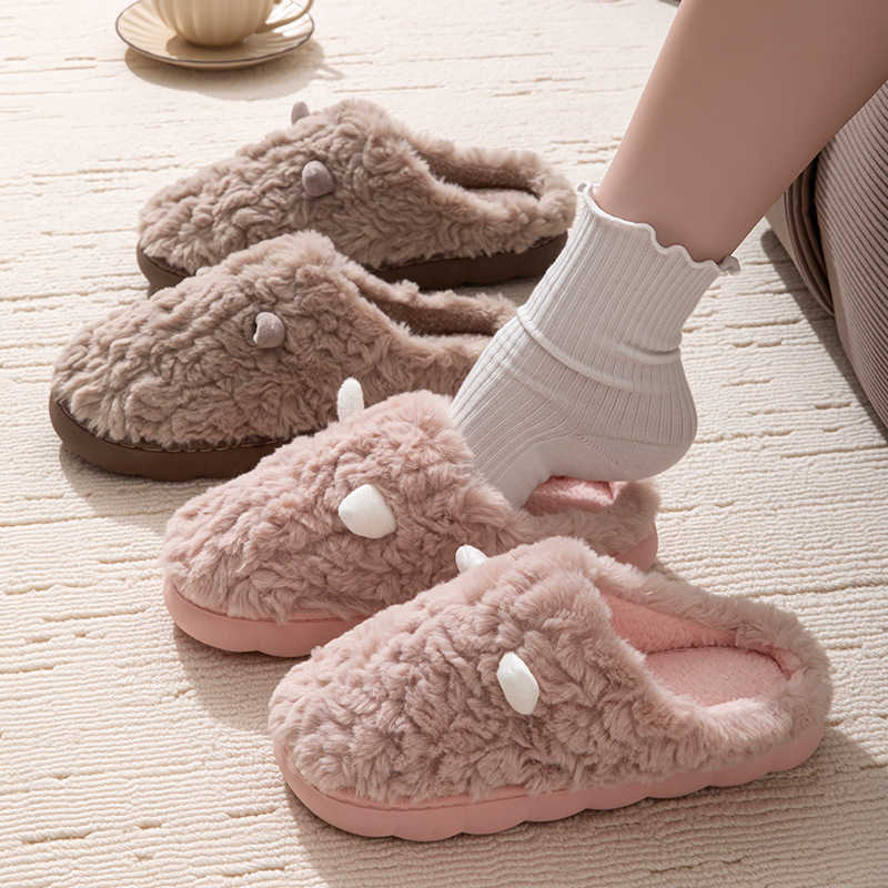 Womens Cotton Slippers Autumn Winter 2025 New Indoor Home Warm Non-Slip Cotton Slippers Mens Ear Style Plush Maternity Shoes S260305