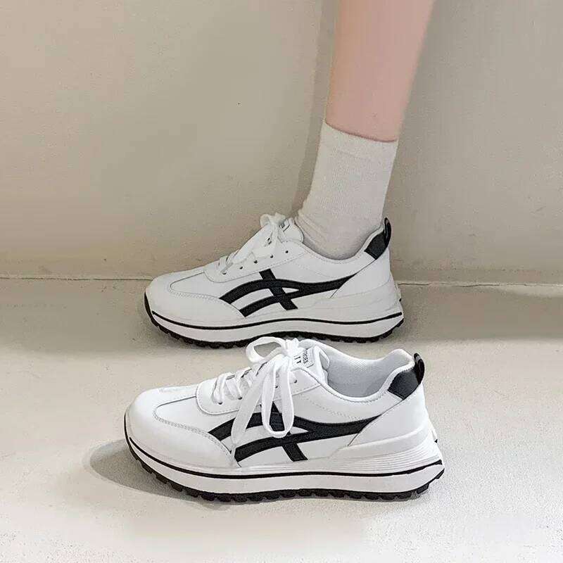 Women's lace-up breathable sports 2025 thick-soled leather stitching casual outdoor running vulcanized shoes