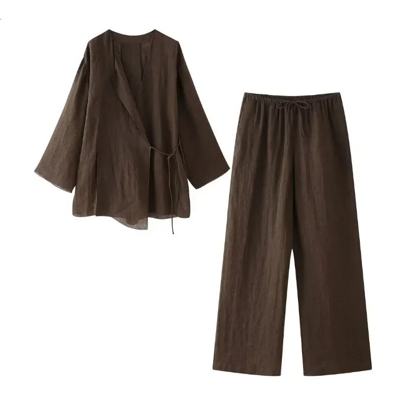 Women Vintage Loose Suits Long Sleeve V Neck Linen Kimono Cross JacketsHigh Waist Wide Leg Pants Fashion Summer Sets 260305
