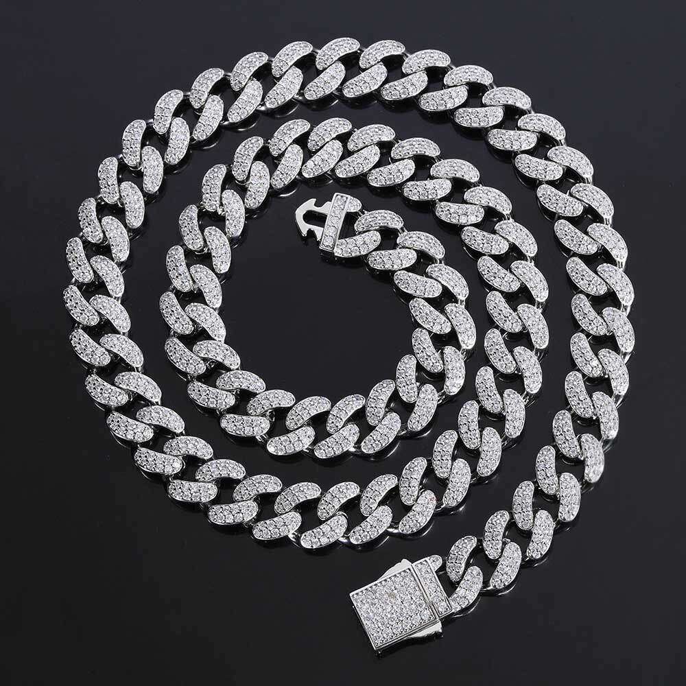 European and American 12mm Spring Snap Double Row Zircon Cuban Chain Trendy Personality High-Quality Men's Hip-Hop Necklace