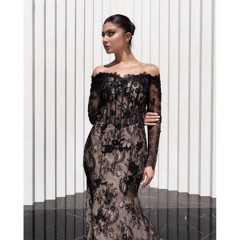 Lace Black Long Sleeves Bespoke Occasion Gown Evening Dresses Prom Pastrol Unisex Jersey Retro Dubai Saudi Arabic Customized