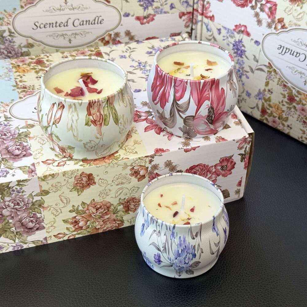 1 Box of 6 Tin Can Soy Wax Essential Oil Dried Floral Scented Candle Set Wedding Birthday Gift Home Decoration W260304 W260305