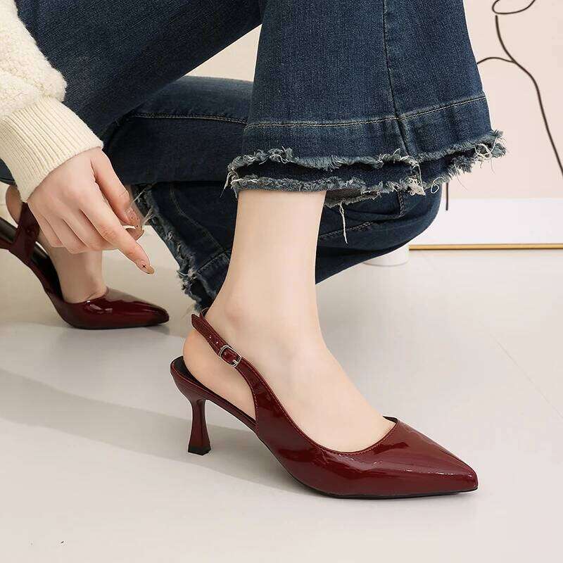 Women Summer Pointed Toe Slingback Heels, Patent Leather Pumps with Adjustable Buckle, Classic Dress Shoes for Party and Office