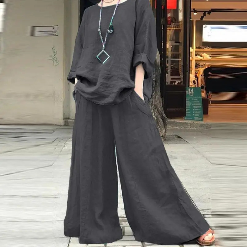 Casual Cotton Linen Set Womens O Neck Long Sleeve Blouses Wide Leg Pants Culottes 2piece Sets Autumn Retro Loose Female Suit 260305